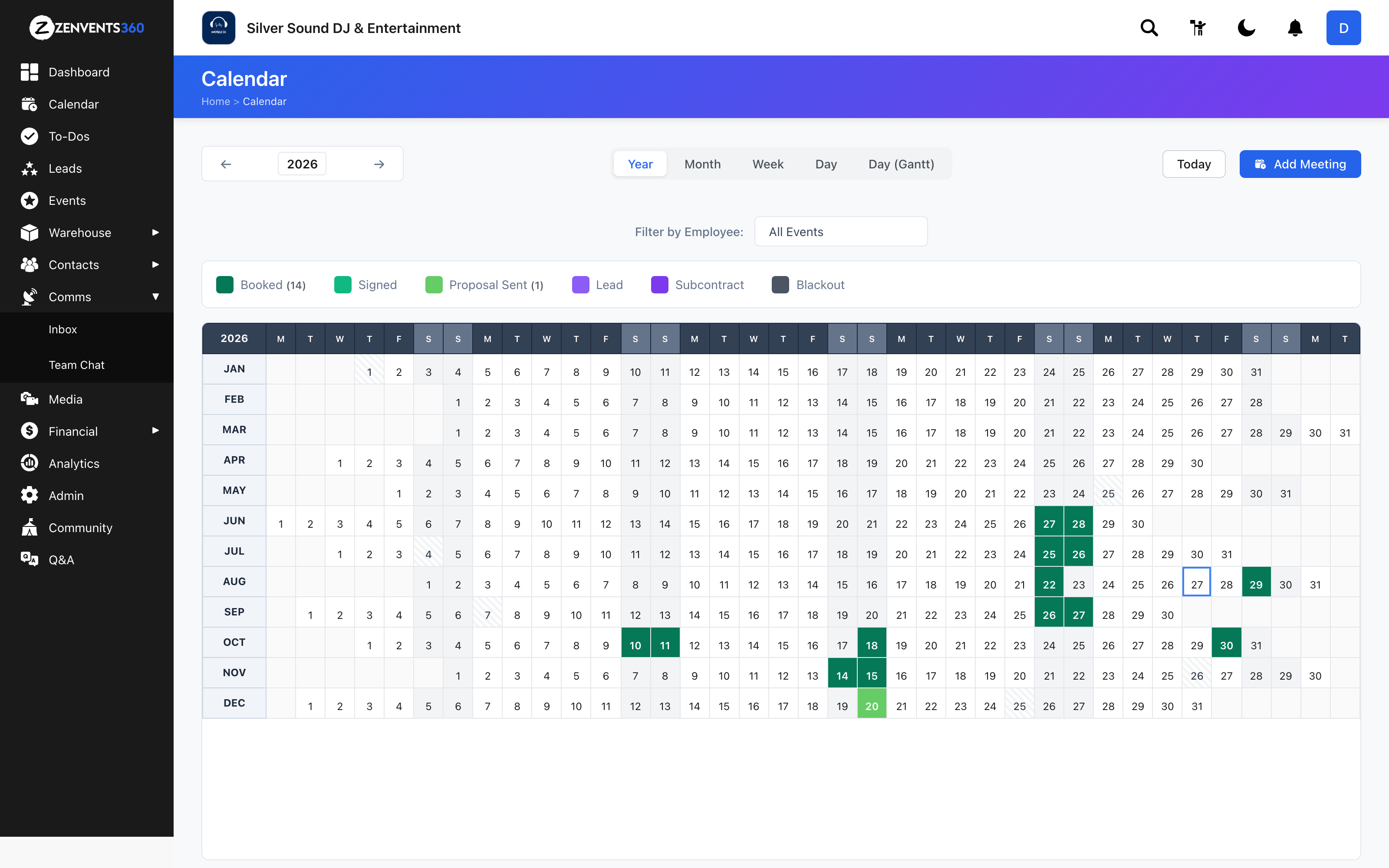 Zenvents360 yearly calendar view with weekend-aligned columns showing all 12 months and color-coded event statuses