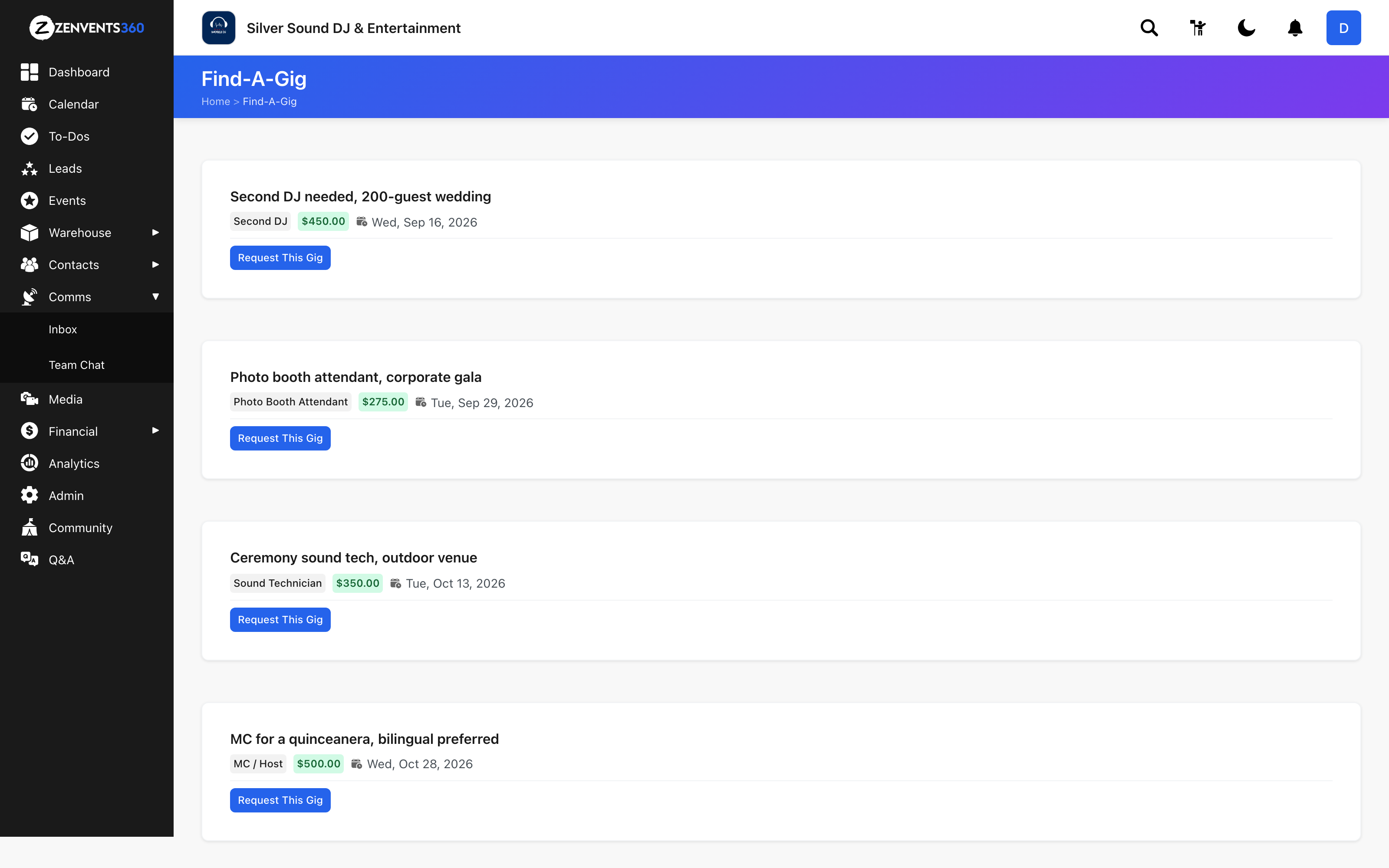 The Assign Role modal in Zenvents360 with the List On Find A Gig toggle enabled for a Lead DJ position