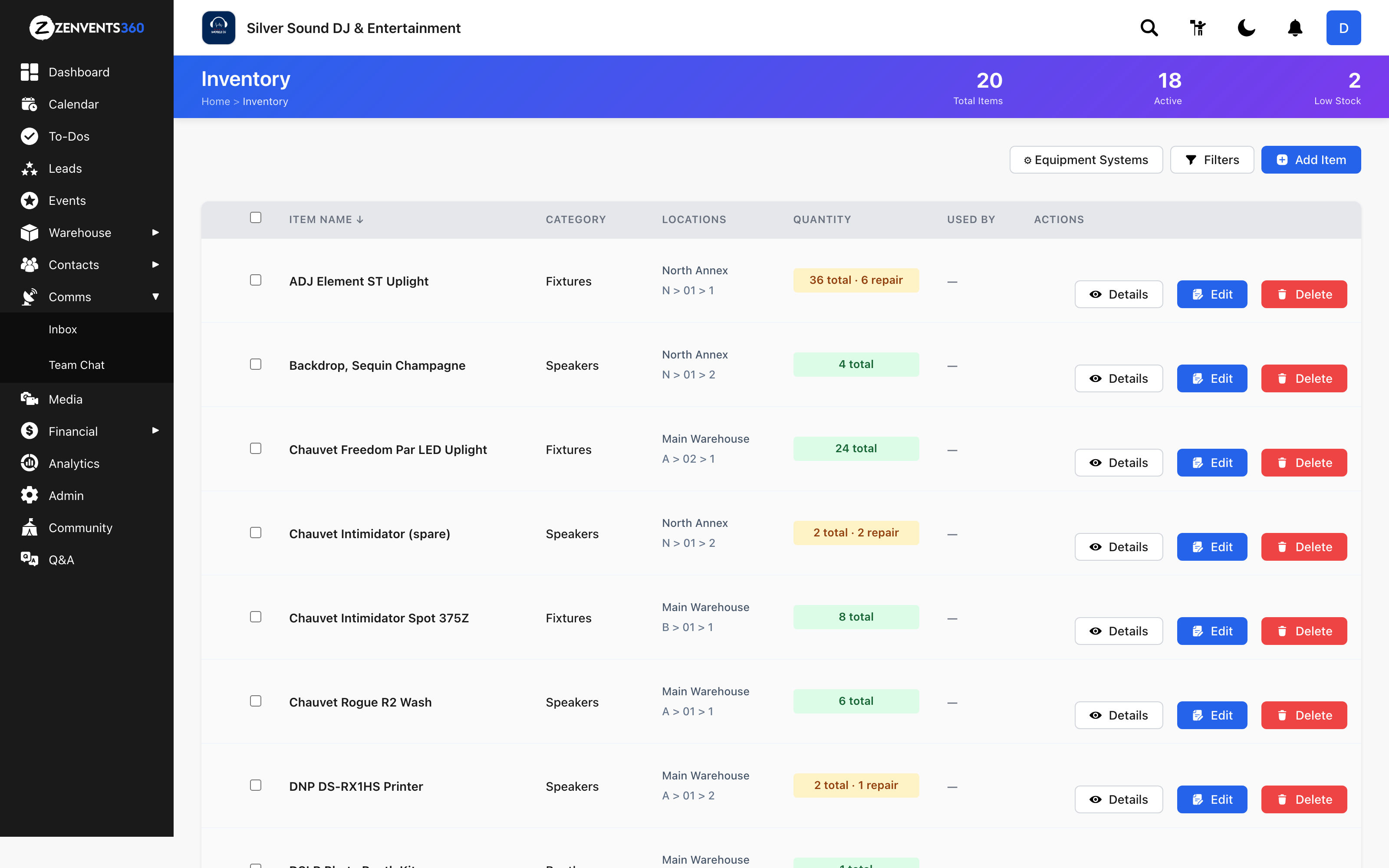 Zenvents360 Add Inventory Item modal showing fields for item name, category, SKU, barcode, quantity, warehouse selection, condition, purchase date, price, purchase vendor, and GL account