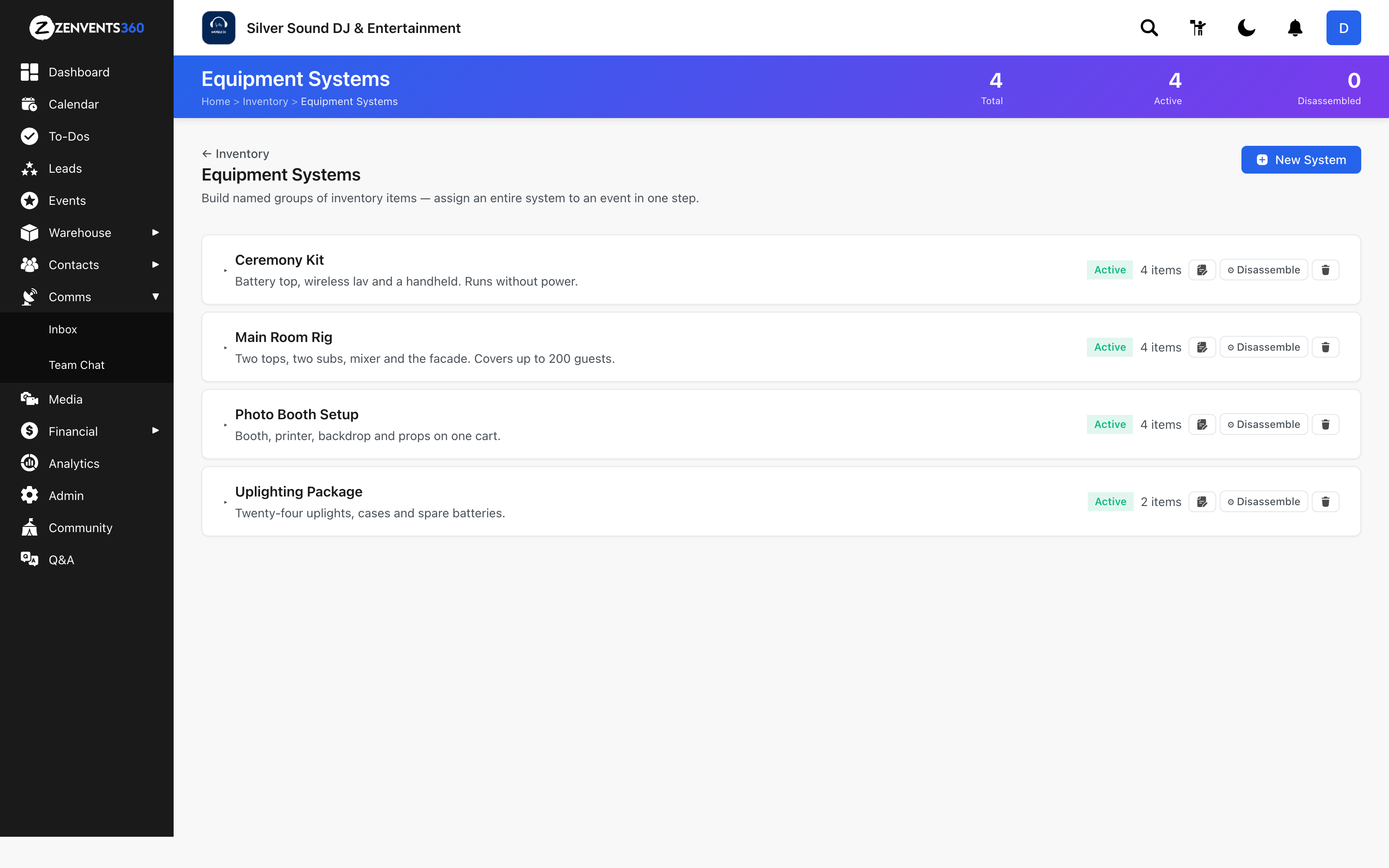 Zenvents360 main Inventory page showing an Inventory Alerts banner at the top listing an upcoming conflict for May 23 Test Event with Evolve 50s needing 3 but only 2 available