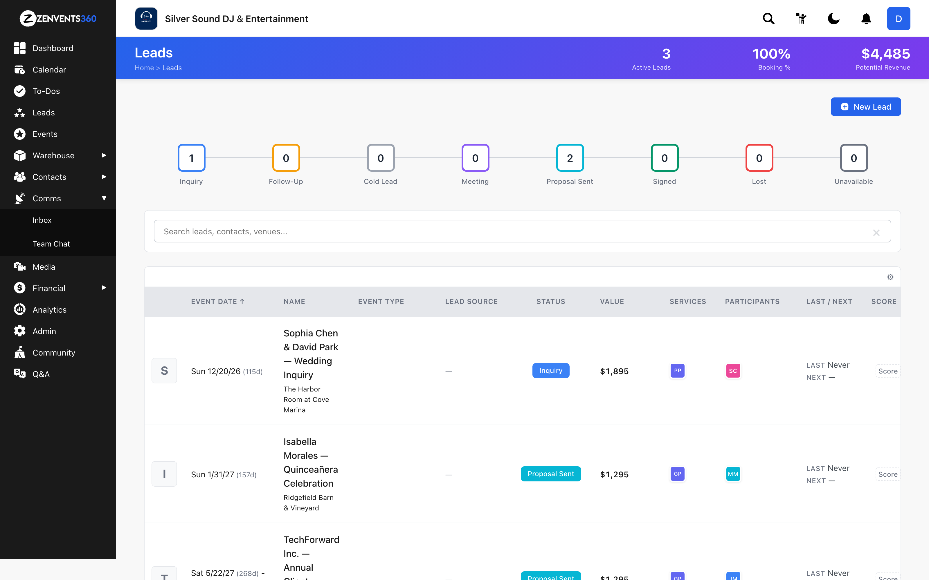 The Zenvents360 lead pipeline showing an inquiry that came in through the Instant Quote wizard with a draft proposal already created