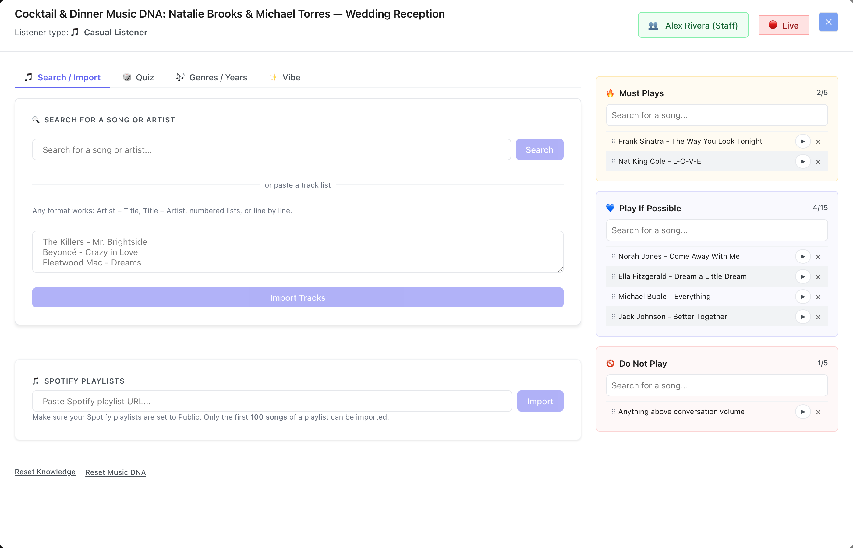 The Cocktail and Dinner Music DNA panel for the same event, a completely separate profile with its own tabs, its own song lists, and its own genre ratings