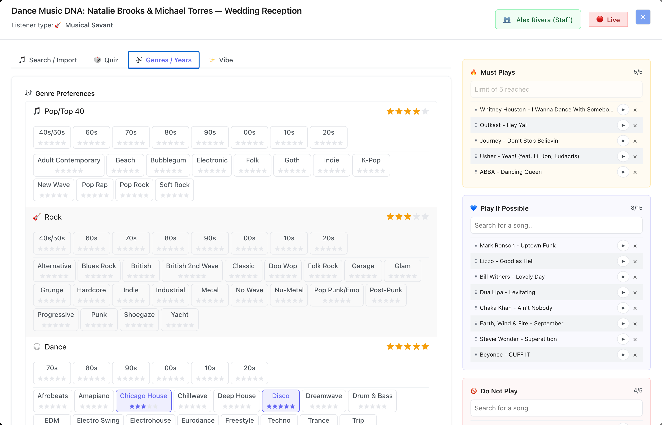 The Genres / Years tab showing eight genre buckets each with an overall star rating, expanded to reveal a row of decade chips and a row of subgenre tags. Pop/Top 40 is rated four stars, Rock three, and Dance five, with Chicago House and Disco individually rated inside the Dance bucket