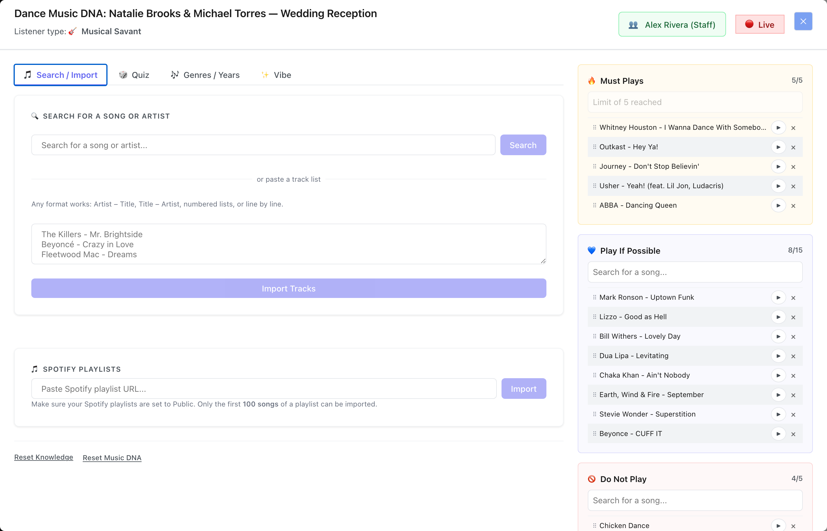 The Search / Import tab showing three ways to add music: a song and artist search, a free-form paste box for a track list in any format, and a playlist URL import
