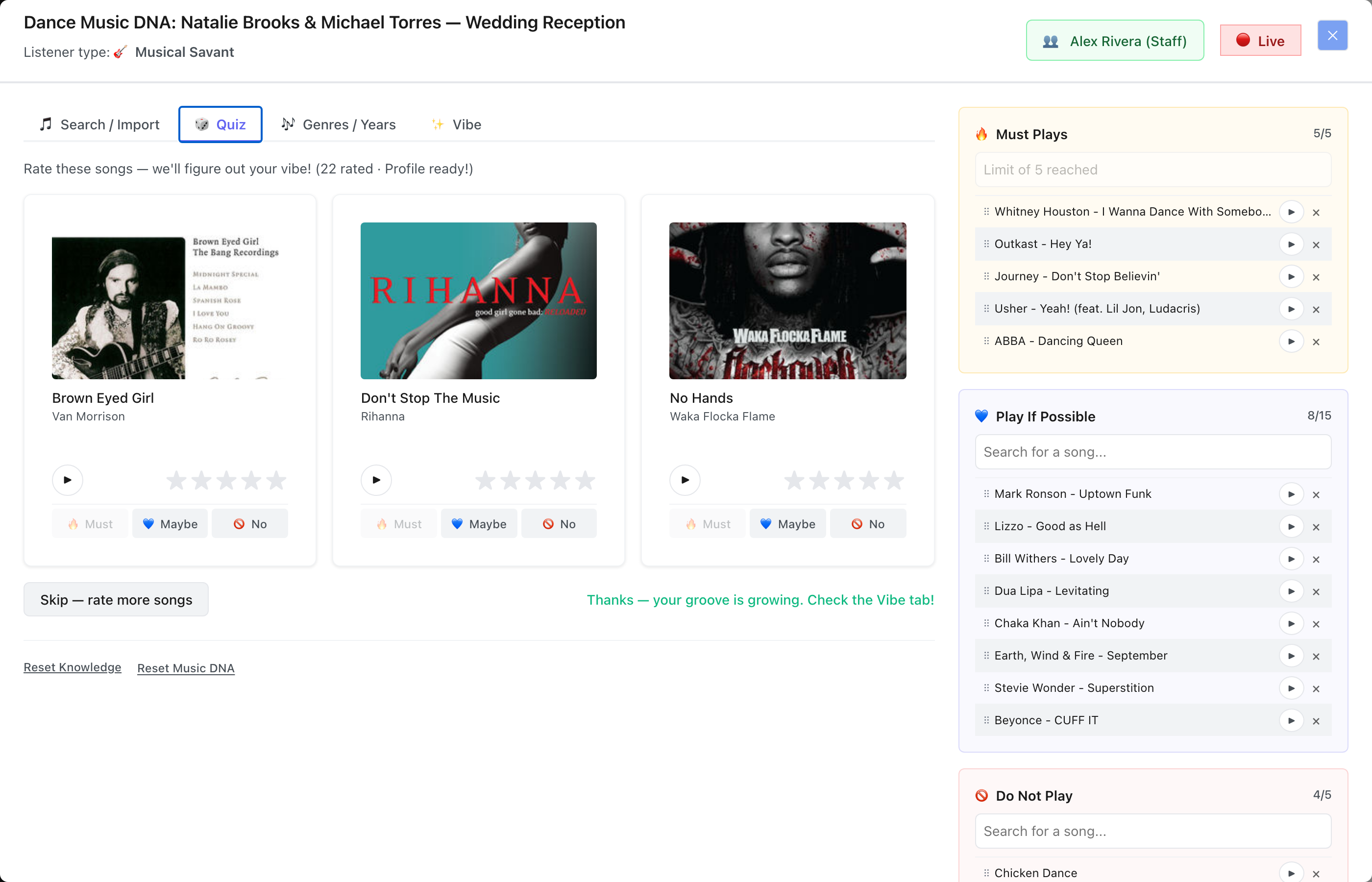 The Quiz tab showing three song rating cards side by side, each with album artwork, a preview play button, a five-star rating and Must, Maybe and No buttons. The Must buttons are greyed out because this profile has already filled its five Must Play slots