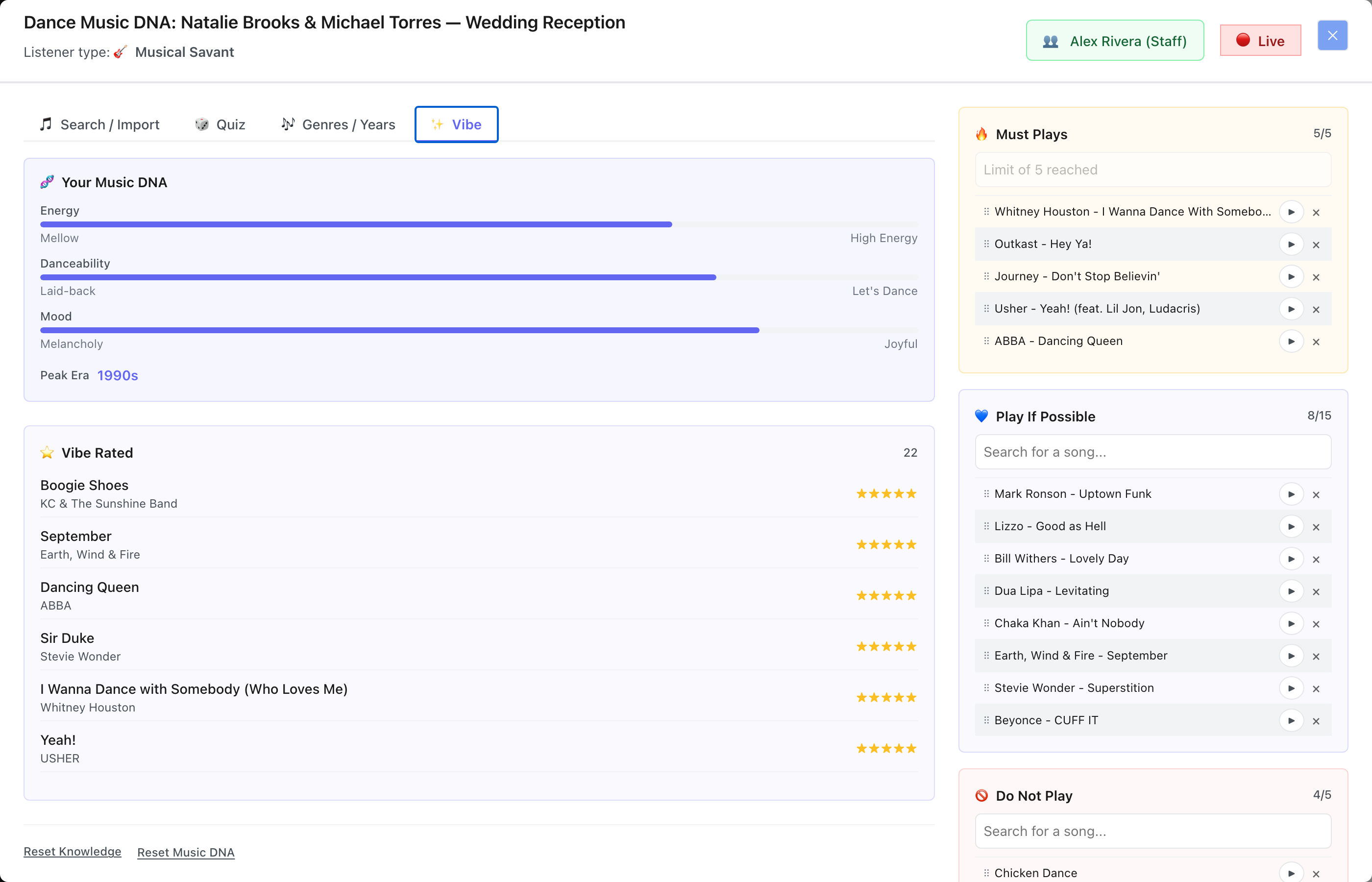 The Vibe tab showing the derived readout - Energy, Danceability and Mood bars with a Peak Era of 1990s, above a Vibe Rated list of 22 scored songs sorted highest first