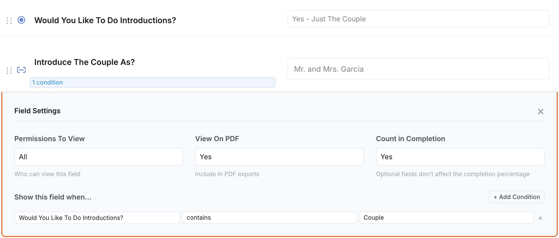 Field settings panel showing a conditional rule - the Introduce The Couple As field only appears when the introductions question answer contains Couple