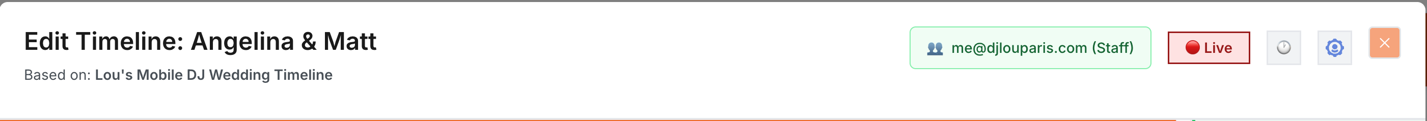 Event Documents header showing the Live indicator and the current user logged in as staff on the Angelina and Matt timeline