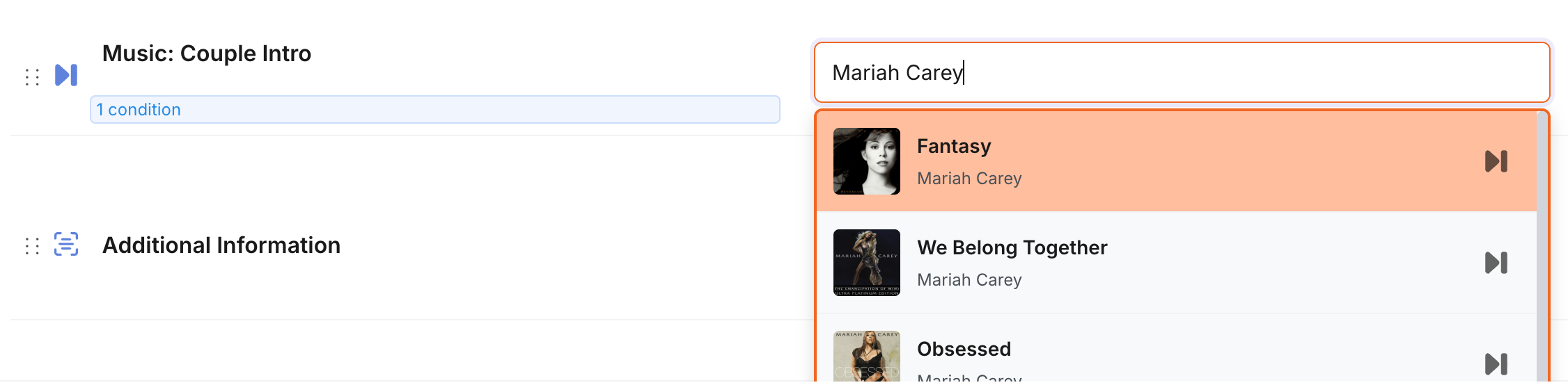 Music search inside an Event Documents timeline block, showing artist search results with album art and play buttons for previewing tracks