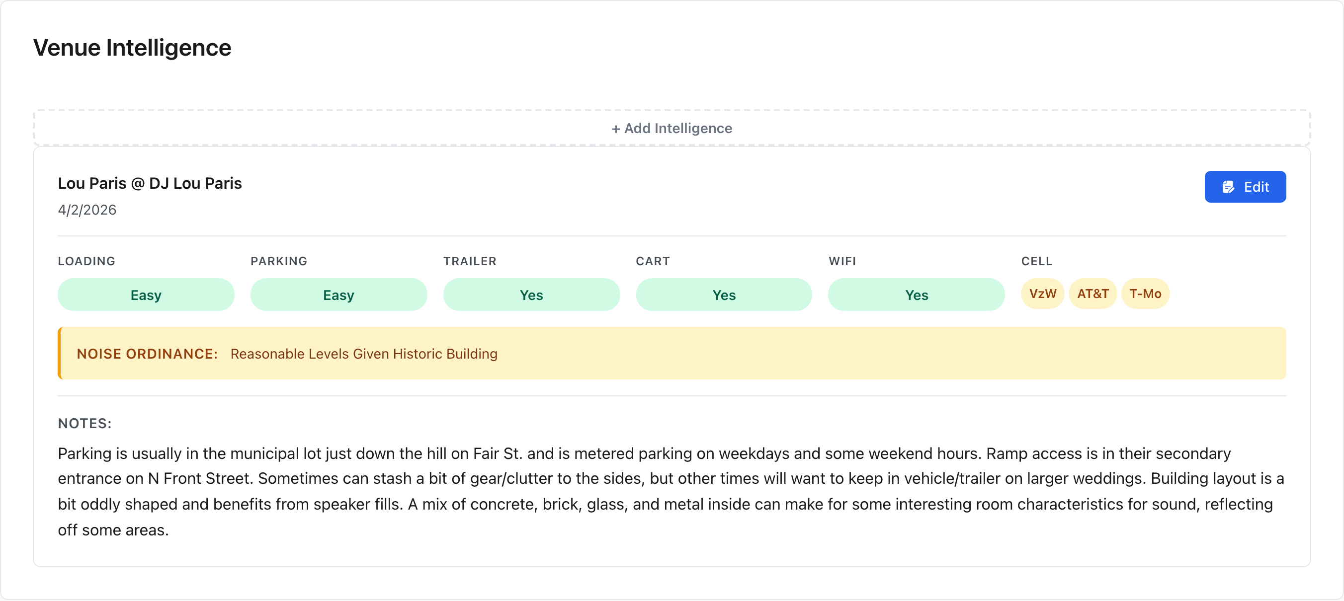 A completed Venue Intelligence entry for Senate Garage showing loading and parking difficulty, trailer and cart friendliness, per-carrier cell signal, WiFi, noise ordinance, and detailed notes
