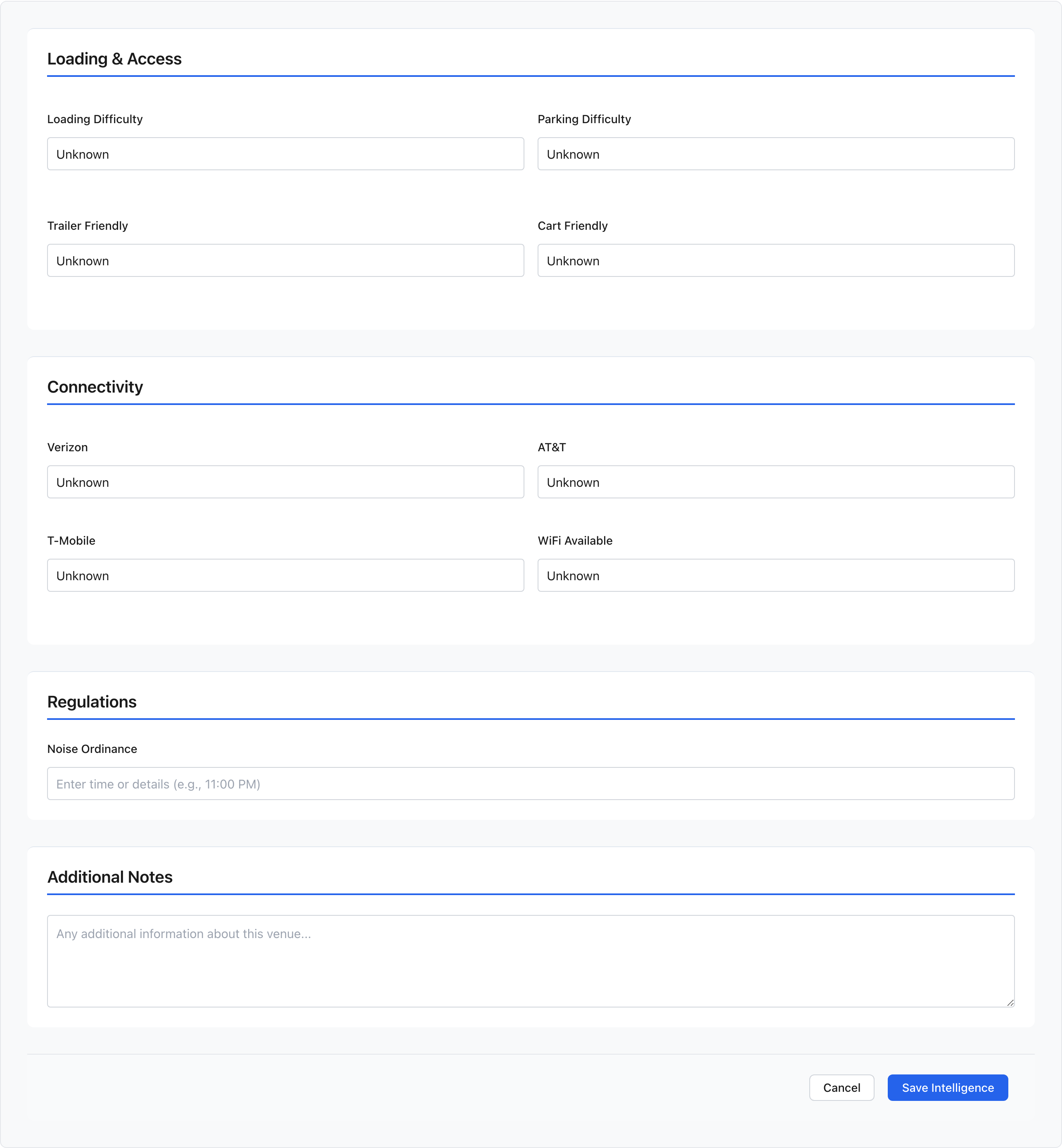 The Add Intelligence form showing Loading and Access fields and the Connectivity section with per-carrier cell signal and WiFi fields