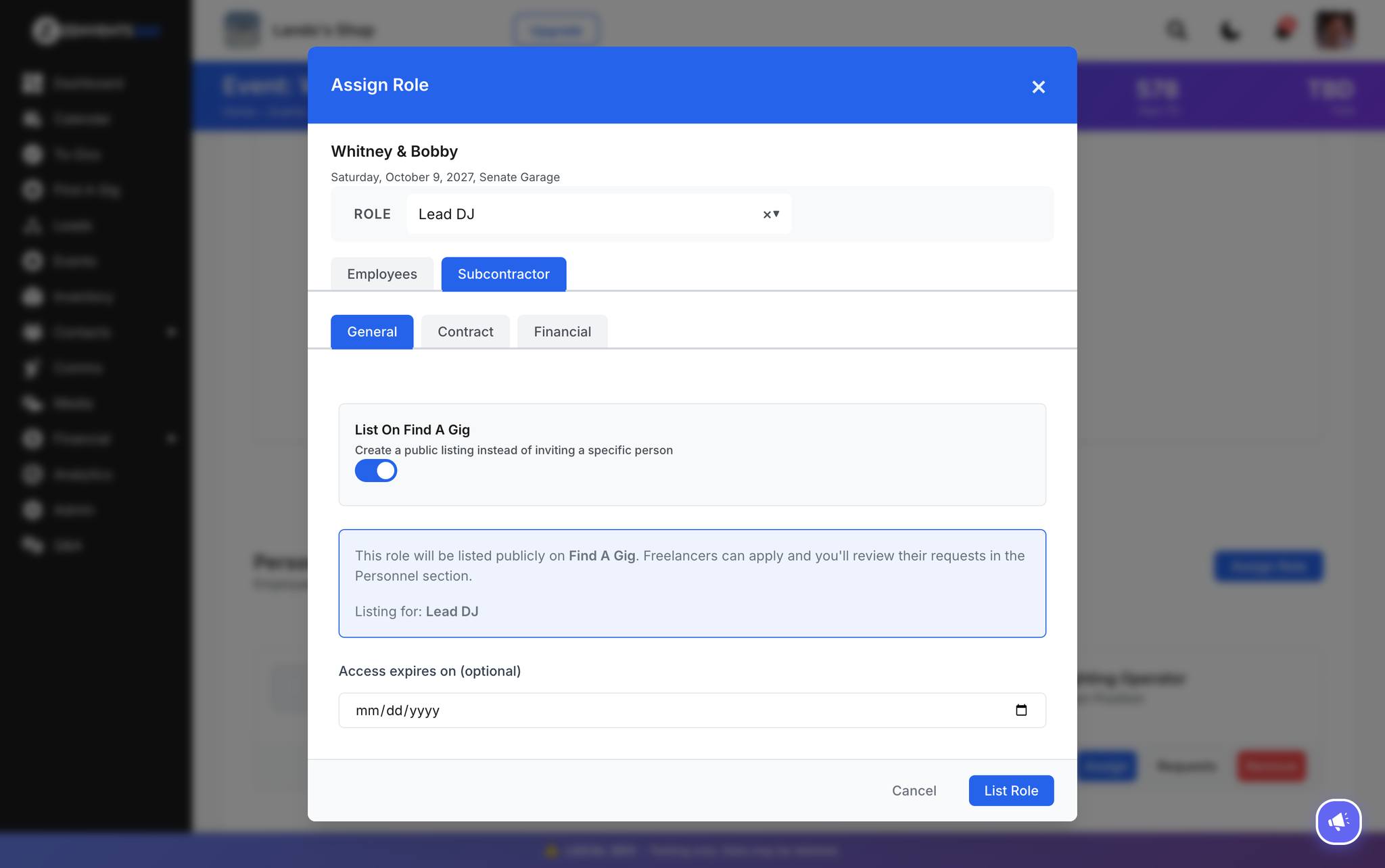 The Assign Role modal in Zenvents360 with the List On Find A Gig toggle enabled for a Lead DJ position