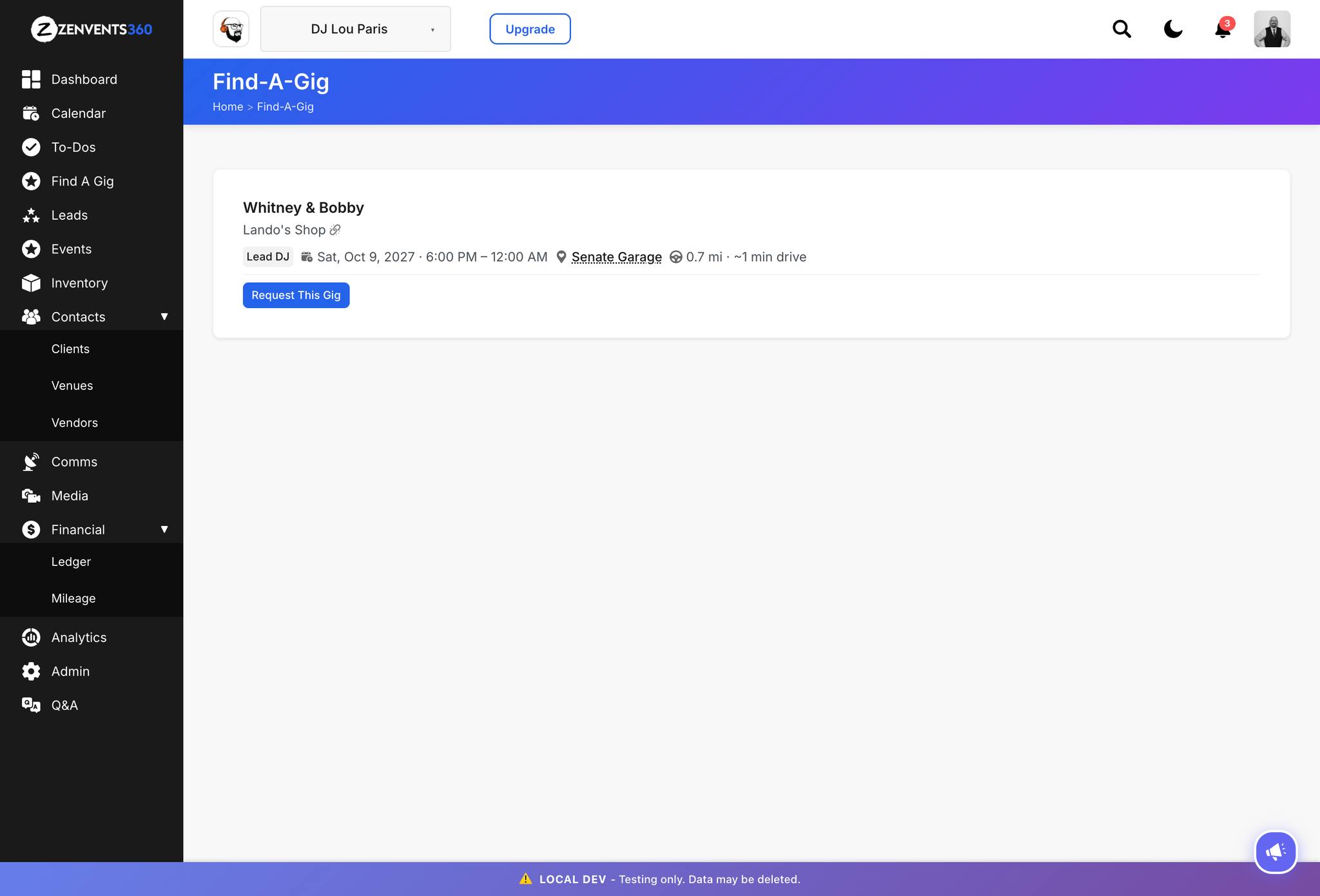 The Find A Gig marketplace showing a Lead DJ listing for Whitney and Bobby at Senate Garage
