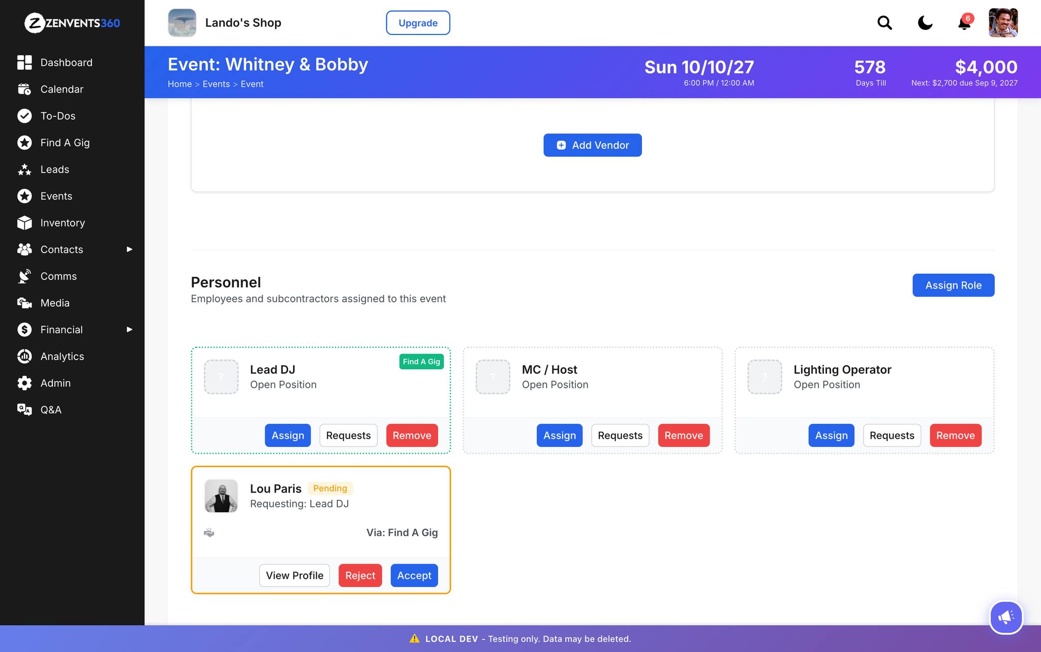 The Personnel panel on an event showing open positions with a Find A Gig badge and a pending applicant with Accept and Reject options