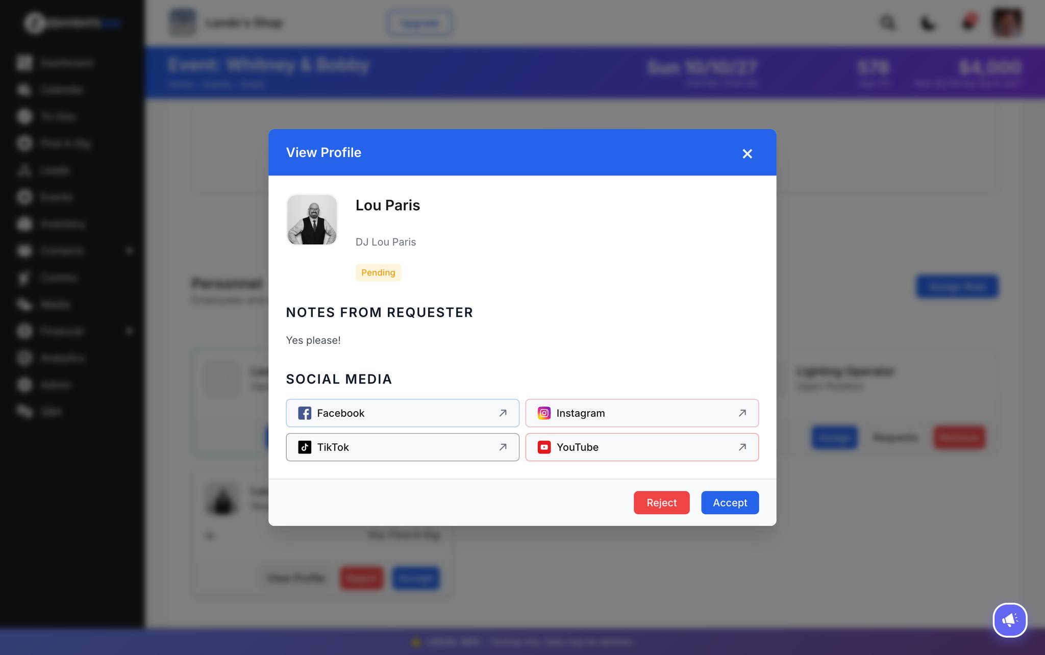 The View Profile modal showing a freelancer applicant with their bio, intro note, and social media links