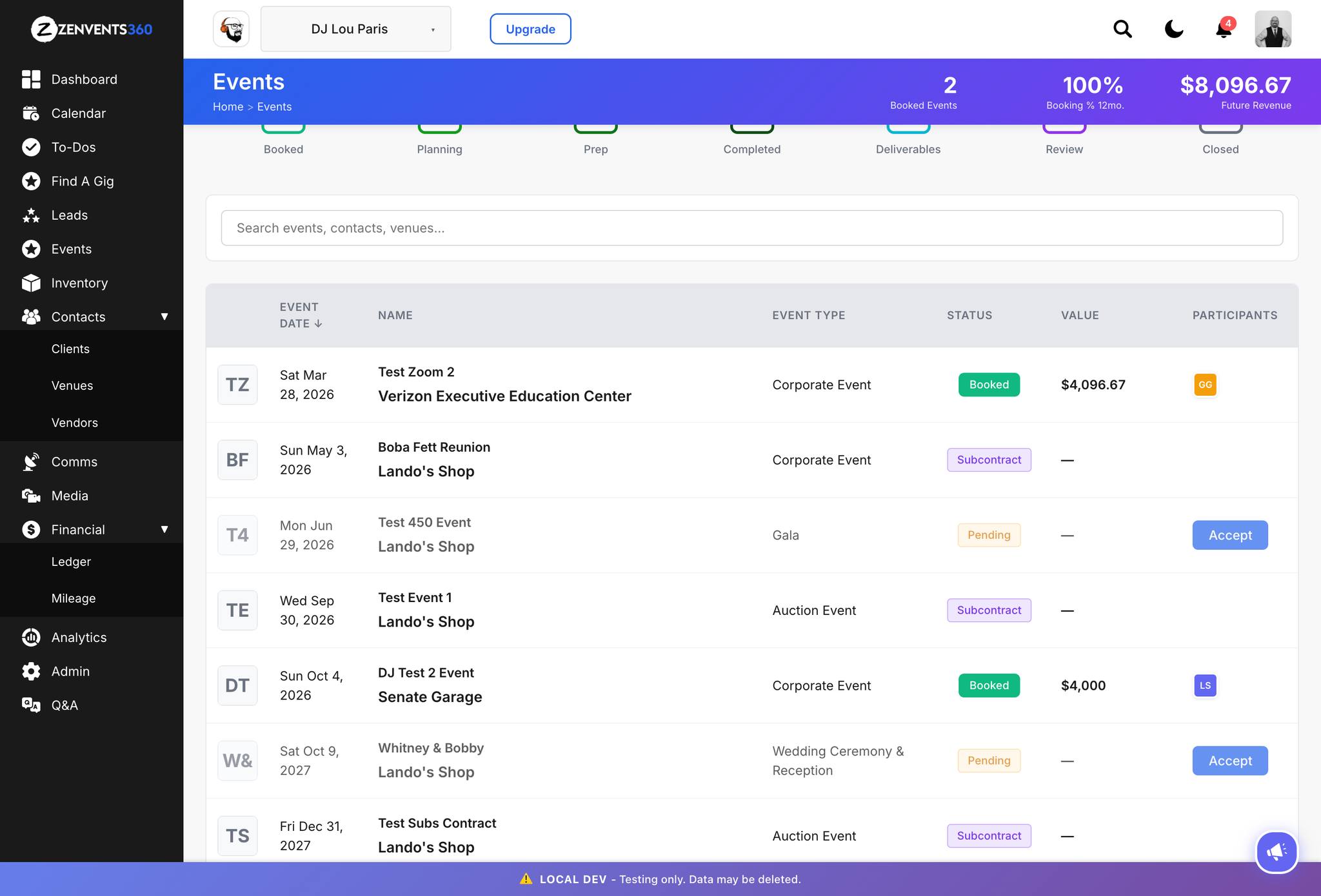 A freelancer Events list in Zenvents360 showing booked, subcontract, and pending gigs alongside their own events