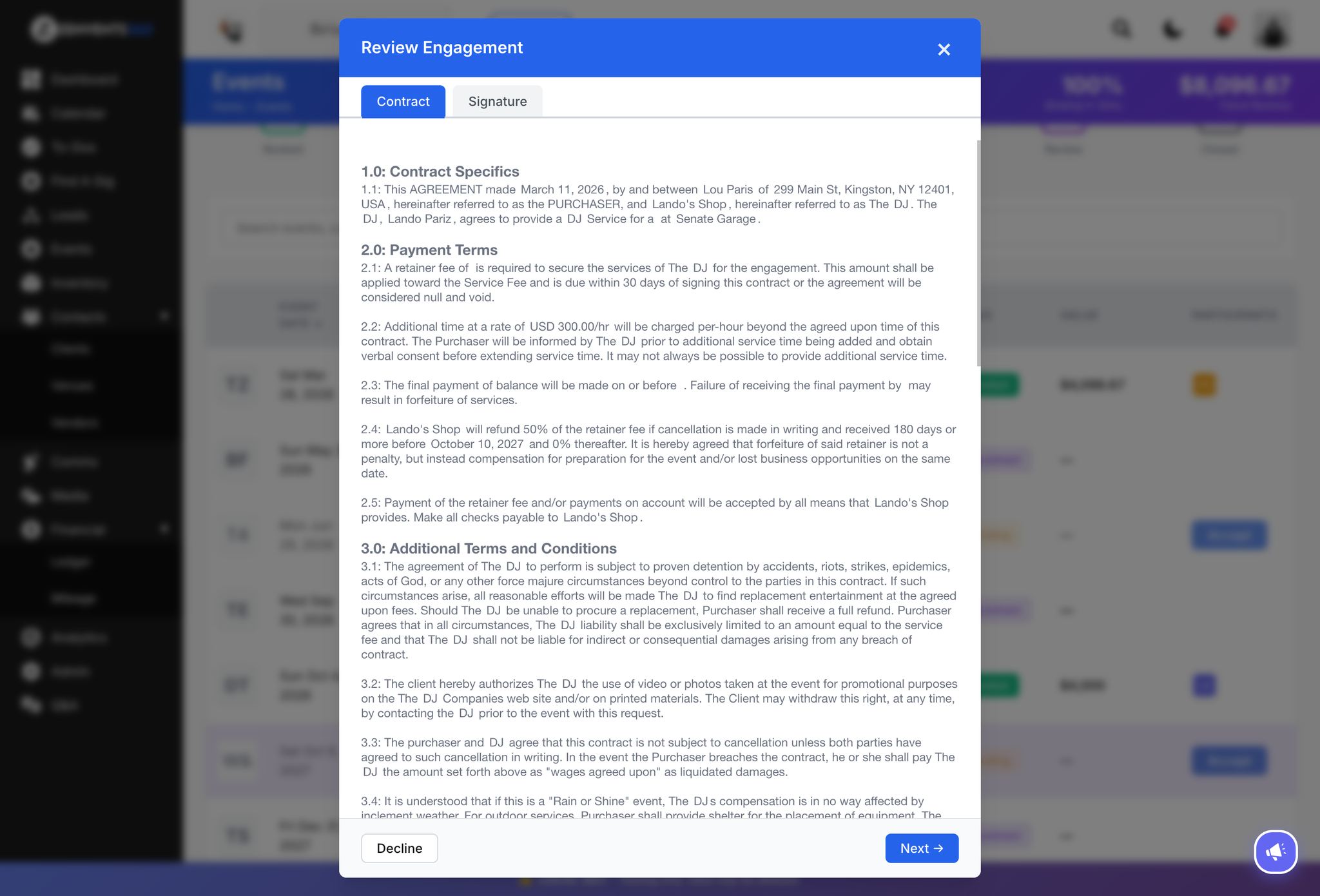 The Review Engagement modal showing the freelance contract with payment terms and conditions before signing