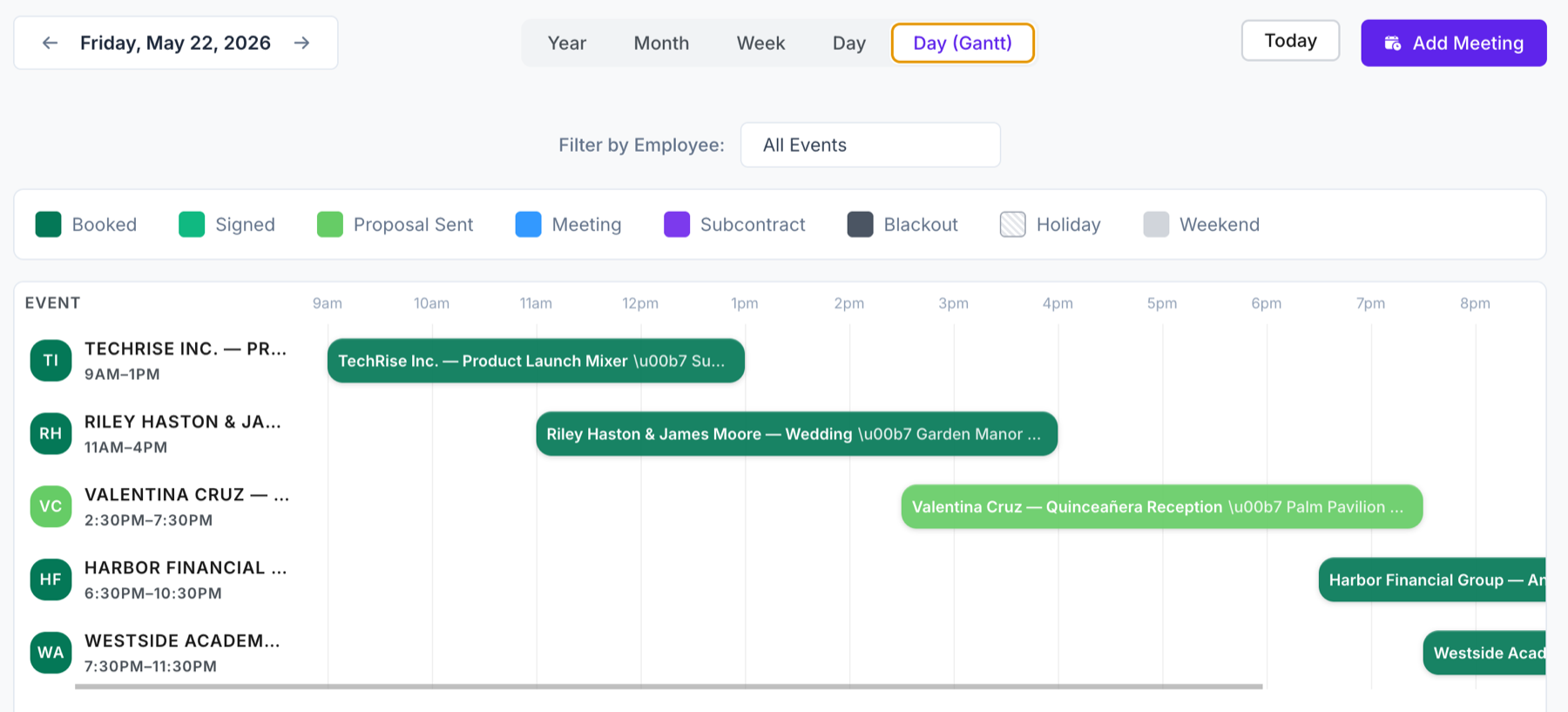 Zenvents360 Day Gantt view showing four simultaneous events on October 10 2027 as horizontal timeline bars