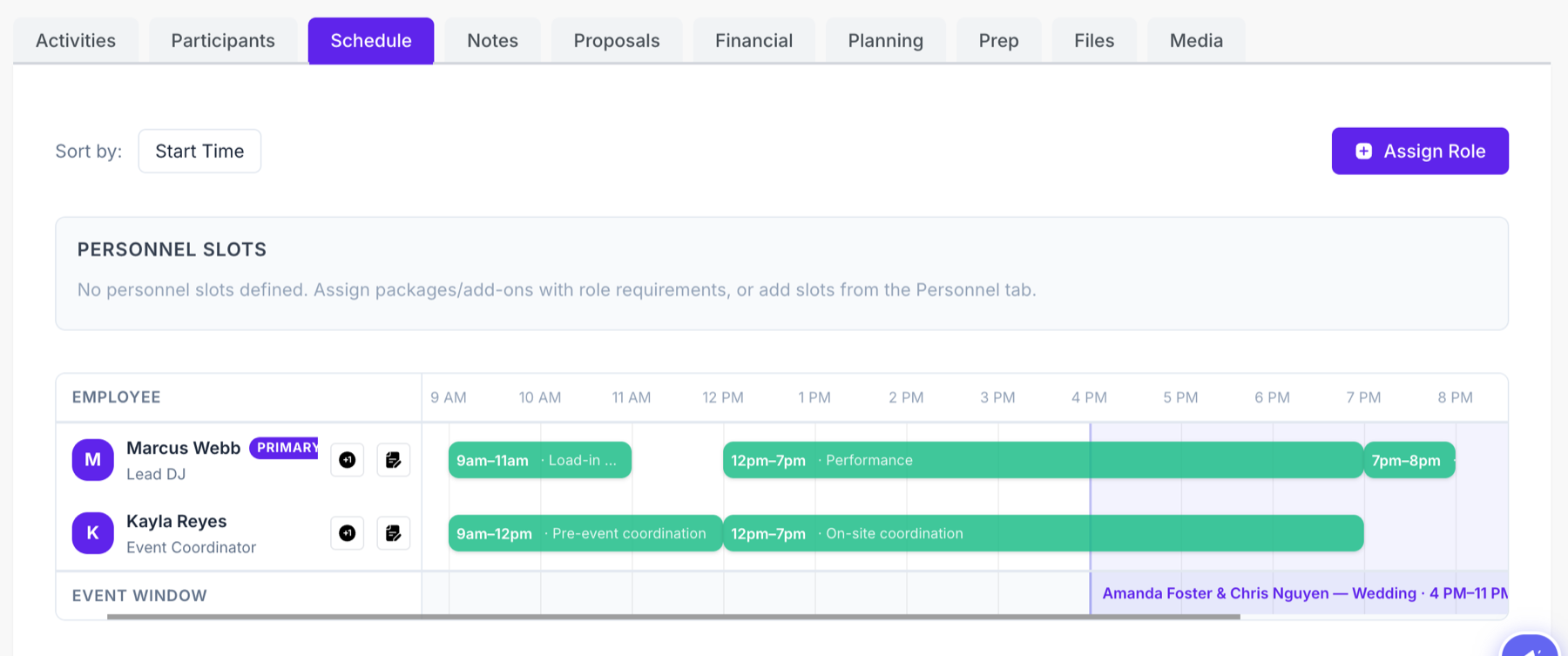 Zenvents360 per-event Schedule tab showing a Gantt of employee assignments with rows for each staff member across the event timeline