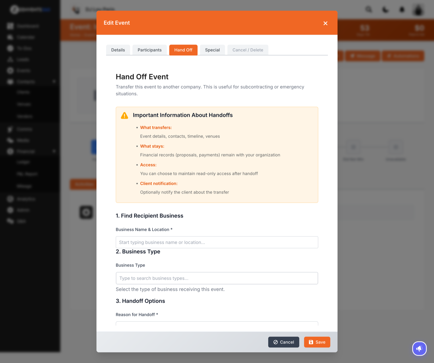 The Hand Off Event modal in Zenvents360, showing recipient search, business type, and handoff options