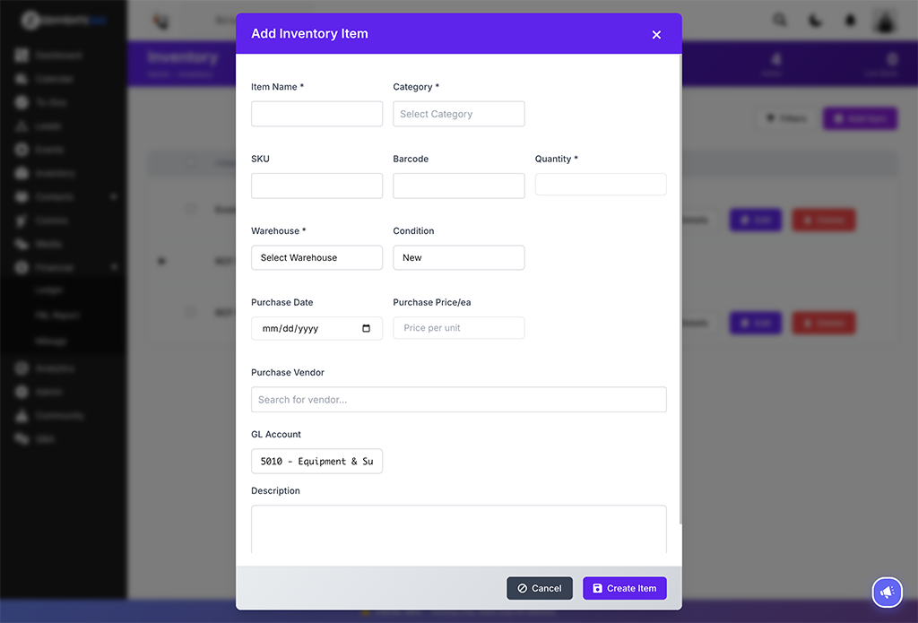 Zenvents360 Add Inventory Item modal showing fields for item name, category, SKU, barcode, quantity, warehouse selection, condition, purchase date, price, purchase vendor, and GL account