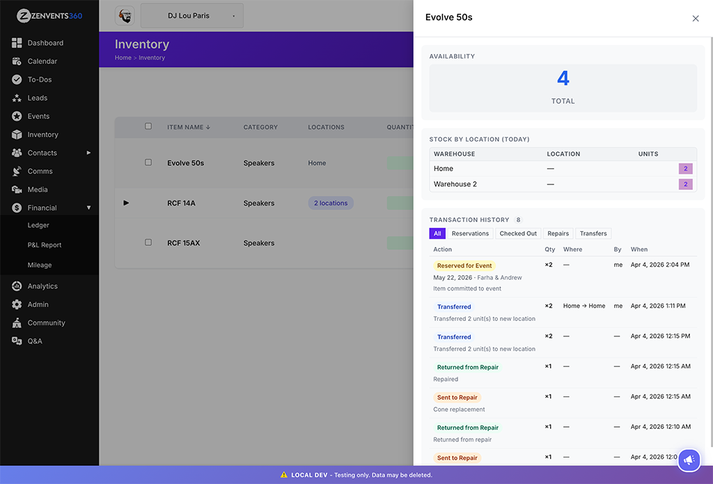 Zenvents360 inventory item detail drawer for the Evolve 50s showing availability count, stock by location across two warehouses, and a full transaction history with reservations, transfers, and repair entries