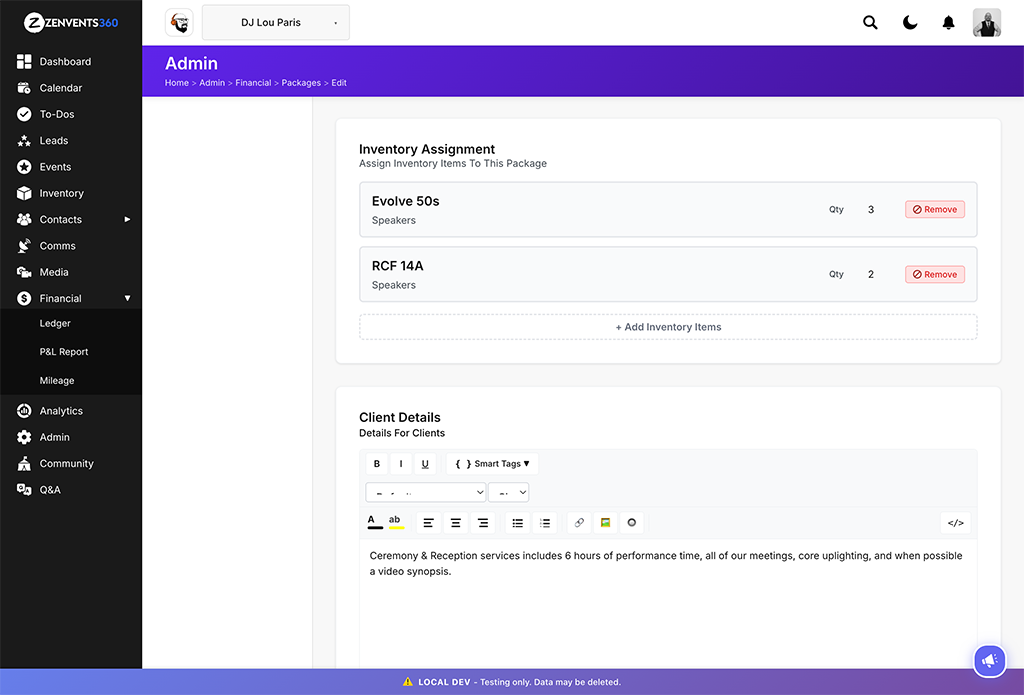 Zenvents360 package admin screen showing the Inventory Assignment section with Evolve 50s and RCF 14A speakers assigned to the Ceremony and Reception package with quantities