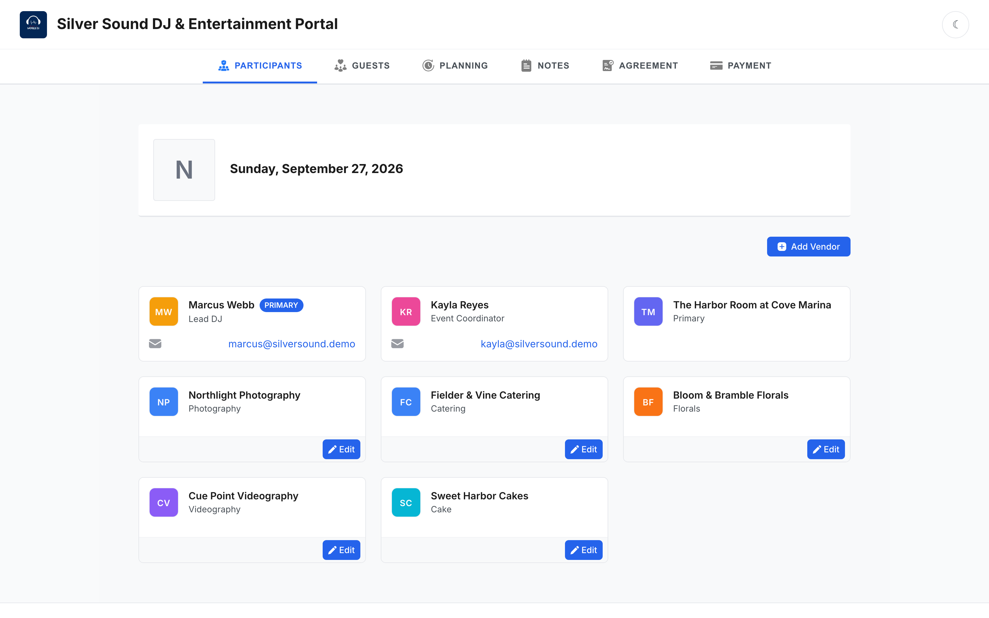 The Zenvents360 client portal showing a passwordless, branded access experience for a client to view their event details