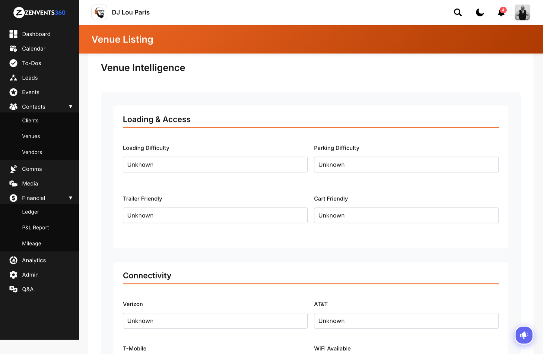 The Add Intelligence form showing Loading and Access fields and the Connectivity section with per-carrier cell signal and WiFi fields