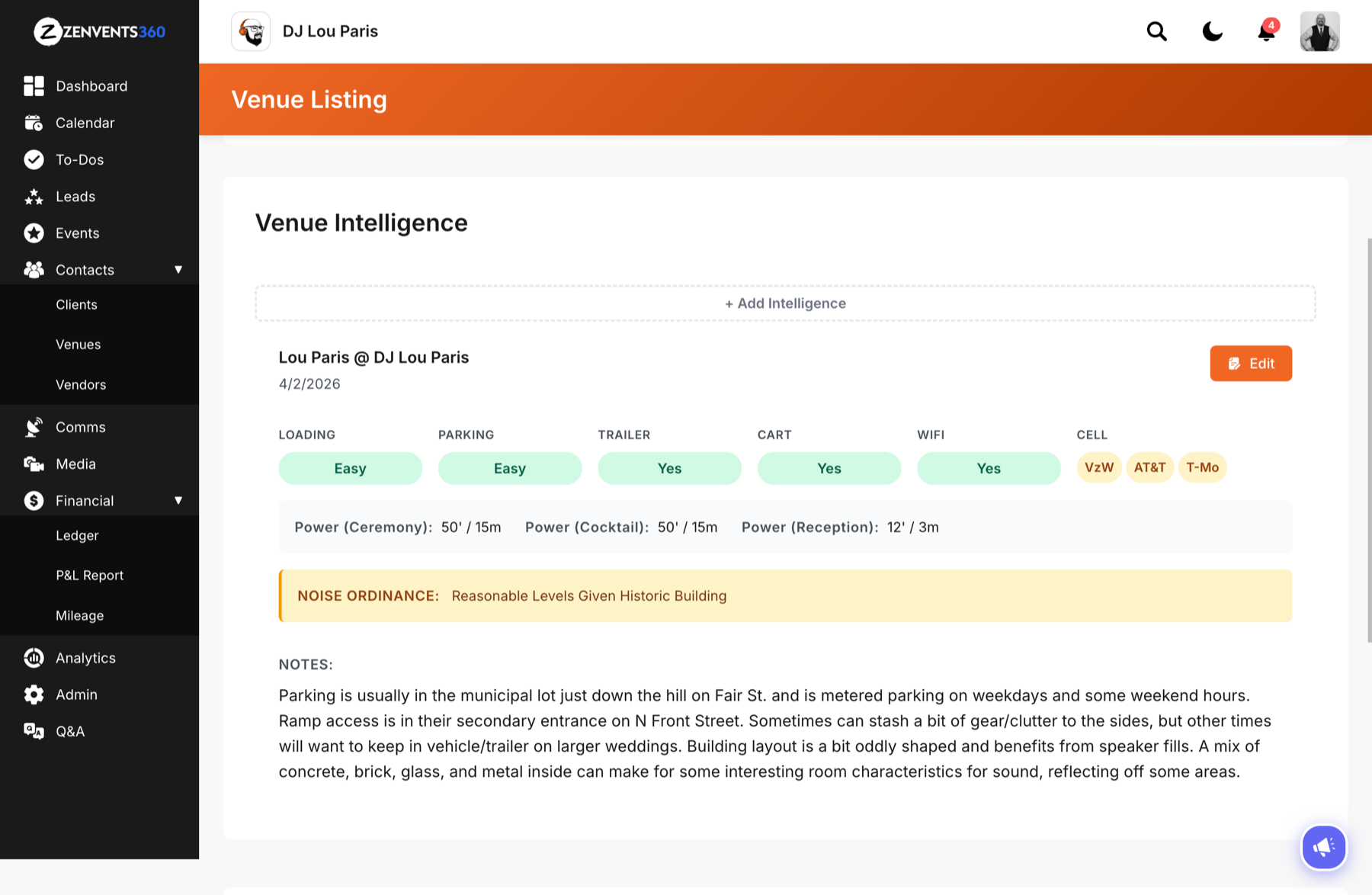 A completed Venue Intelligence entry showing loading and access ratings, WiFi, per-carrier cell signal, power cable distances, noise ordinance restrictions, and detailed notes
